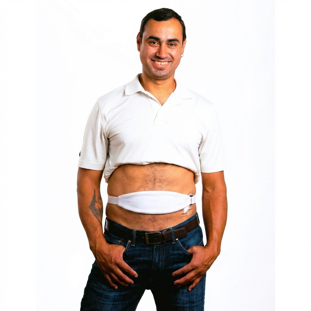 Tuck Away PD belt for peritoneal dialysis catheter.