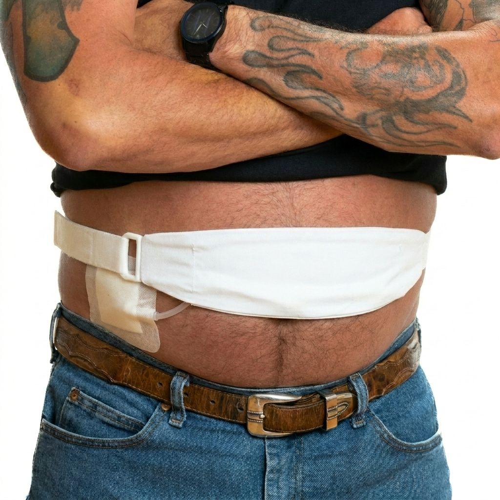 Tuck Away PD belt for peritoneal dialysis catheter.